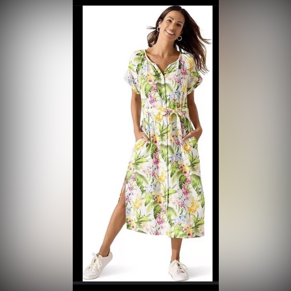 TOMMY BAHAMA Breezy Blooms Belted MIDI Tropical Floral Dress Sz S EXCELLENT